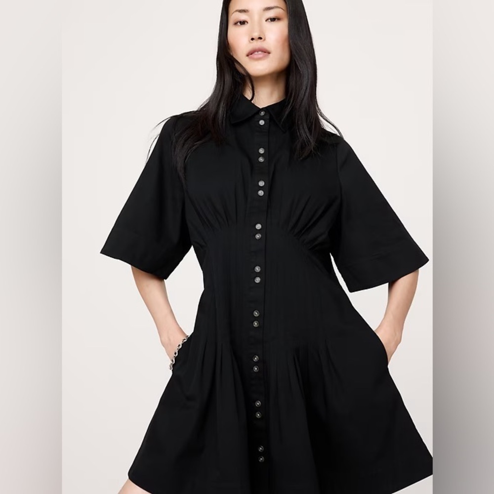 NEW! Banana Republic Black Stretch-Cotton Poplin Pintuck Shirt Dress💃🏻